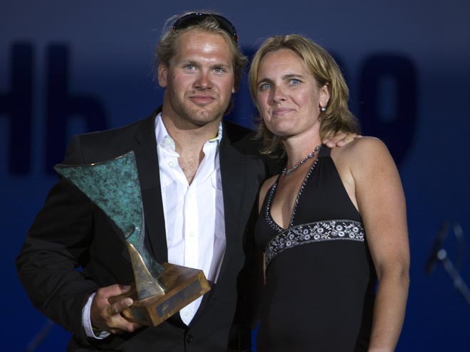 PUMA Ocean Racing’s Michi Muller receives the Hans Horrevoets Rookie trophy , presented by Hans wife Petra © Sally Collison/PUMA Ocean Racing http://www.sallycollison.com